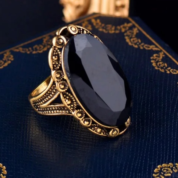 Jewelry - New 18k gold plated big black Sapphire ring womens